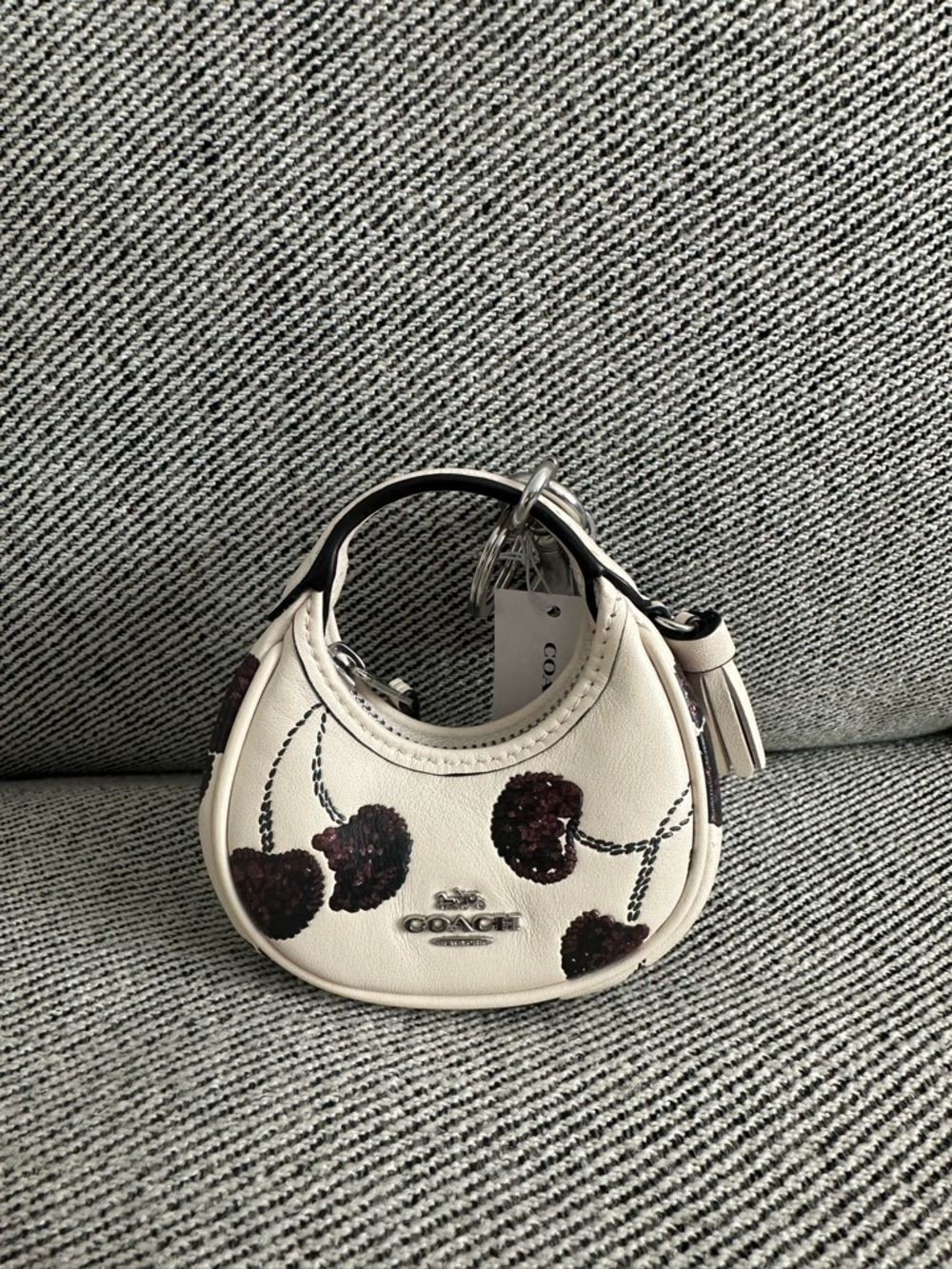 NWT Coach CDB52 Mini  Carmen Bag Charm with Cherry Print Silver Chalk Multi